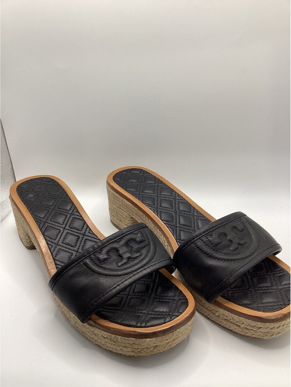 TORY BURCH Quilted Fleming Woven Wedge Espadrille Sandal Size 8.5 Black Leather